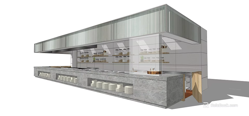 Modern Commercial Kitchen Featuring Long Stone Counter Glass Display Cabinets And Overhead Hood 3d model 