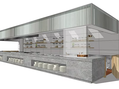 Modern Commercial Kitchen Featuring Long Stone Counter Glass Display Cabinets And Overhead Hood 3d model