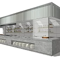 Modern Commercial Kitchen Featuring Long Stone Counter Glass Display Cabinets And Overhead Hood