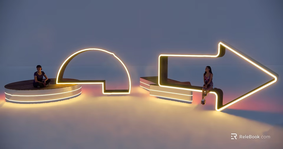 Modern Interactive Zone With Illuminated Light Installations Curved Seats And People 3d model 