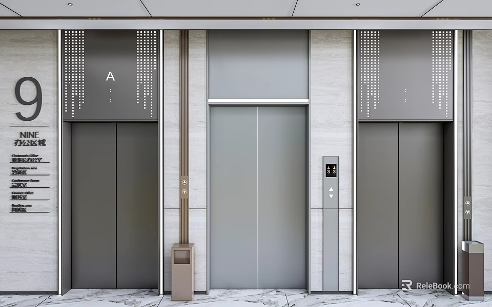 Modern Elevator Design With Three Units Marble Wall And Metal Accents In Lobby 3d model 
