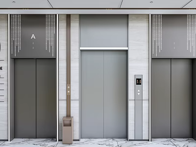 Modern Elevator Design With Three Units Marble Wall And Metal Accents In Lobby 3d model