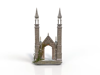 Gothic Style Building Featuring Twin Spires Arched Doorway Intricate Carvings And Climbing Vines 3d model