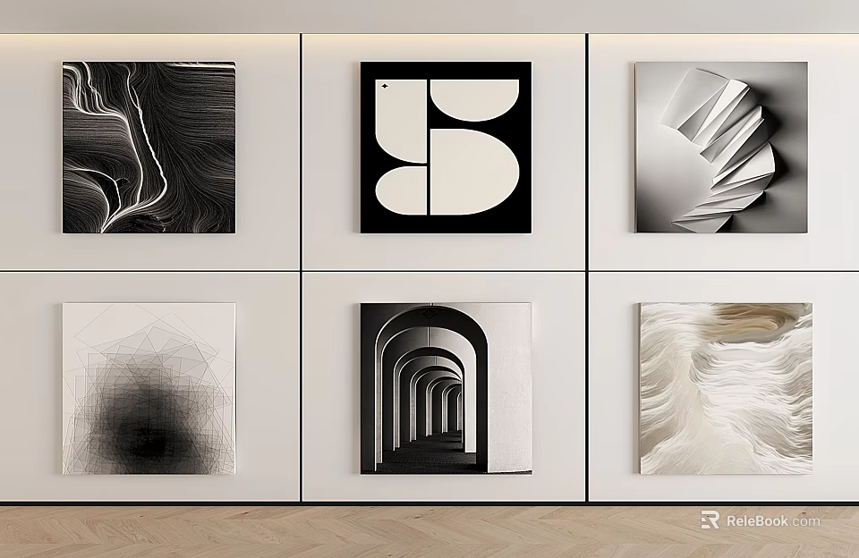Six Black And White Abstract Artworks On Wall 3d model