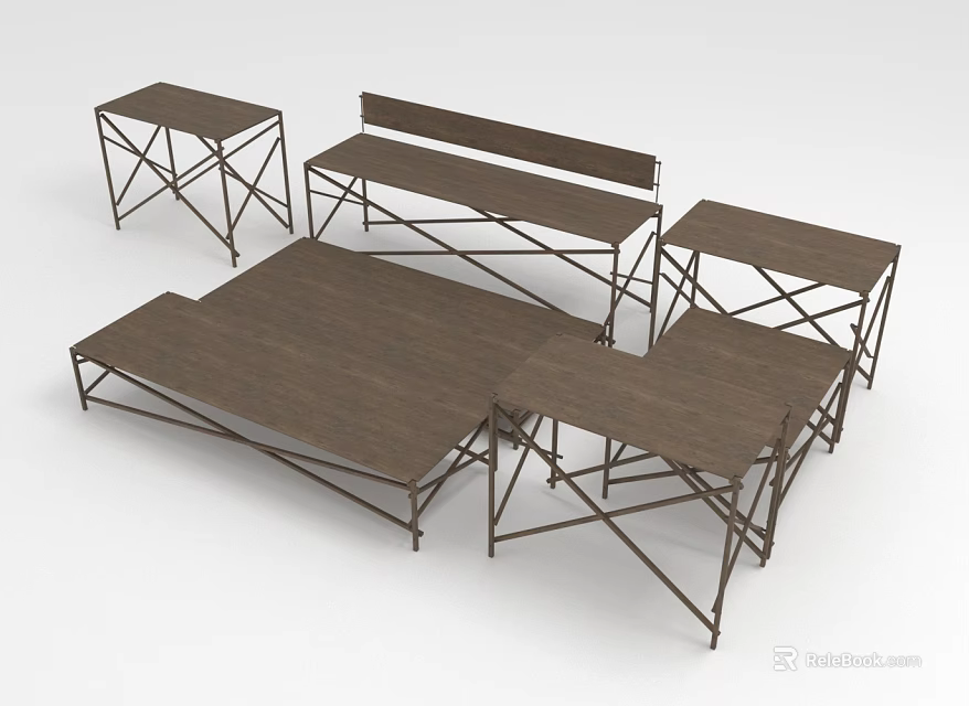 Foldable Furniture Set With Dark Brown Wooden Tables Benches And Metal Frames Simple Design 3d model 