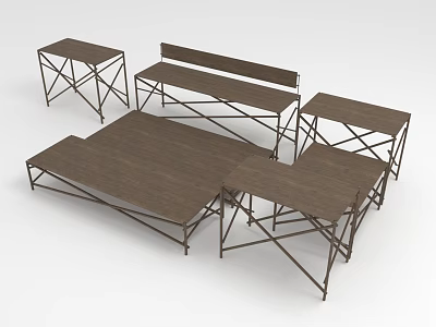 Foldable Furniture Set With Dark Brown Wooden Tables Benches And Metal Frames Simple Design 3d model