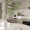 Modern Kitchen Interior With Cabinets Shelves Wine Bottles Sink And White Kettle
