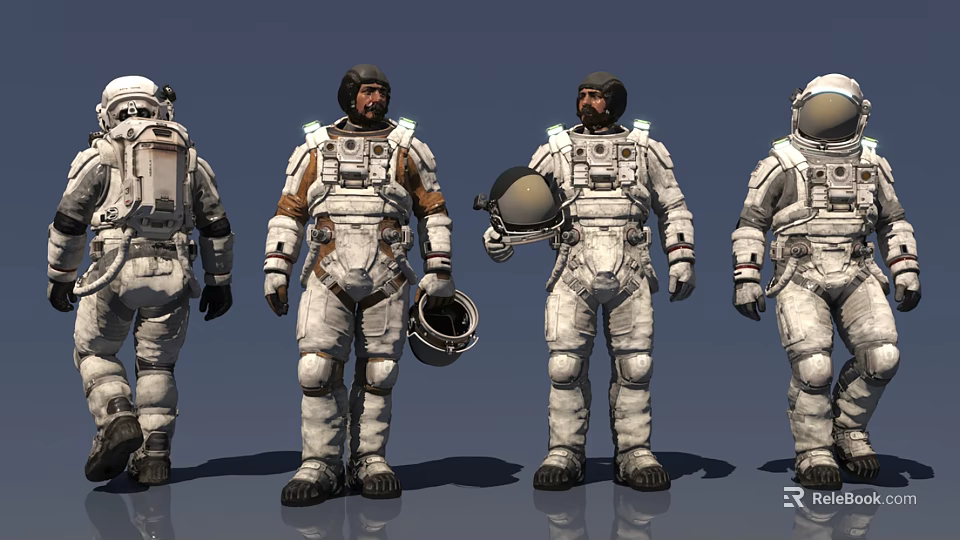 Men in White Astronaut Suits Standing Together with Helmets and Backpacks 3d model