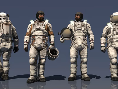Men in White Astronaut Suits Standing Together with Helmets and Backpacks 3d model