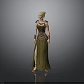 Elegant Woman With Blonde Hair Wearing Green Long Dress And Decorative Jewelry Standing Pose