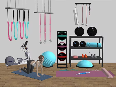 Home Gym Fitness Equipment With Resistance Bands Yoga Balls Dumbbells Yoga Mats And Balance Pads 3d model