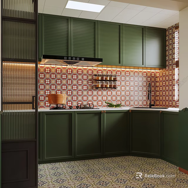 Stylish Green Kitchen Interior With Patterned Tile Backsplash Range Hood And Cabinets 3d model