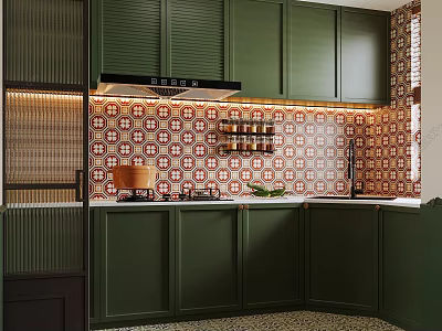 Stylish Green Kitchen Interior With Patterned Tile Backsplash Range Hood And Cabinets 3d model