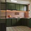 Stylish Green Kitchen Interior With Patterned Tile Backsplash Range Hood And Cabinets 3d model