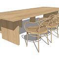 Natural Wooden Dining Table Set With Long Rectangular Top And Rattan Back Chairs 3d model