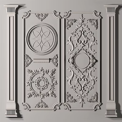 Ornate Classical Carved Wall Panel Featuring Intricate Symmetrical Patterns And Details 3d model