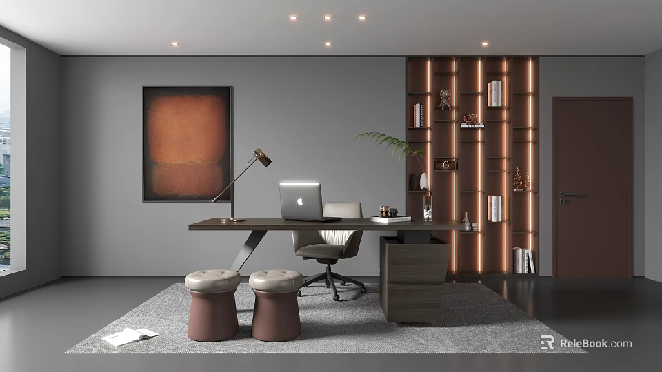Modern Study Room With Wooden Desk Laptop Chair Decorative Painting Brown Stools And Illuminated Shelves 3d model 