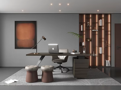 Modern Study Room With Wooden Desk Laptop Chair Decorative Painting Brown Stools And Illuminated Shelves 3d model