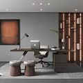Modern Study Room With Wooden Desk Laptop Chair Decorative Painting Brown Stools And Illuminated Shelves