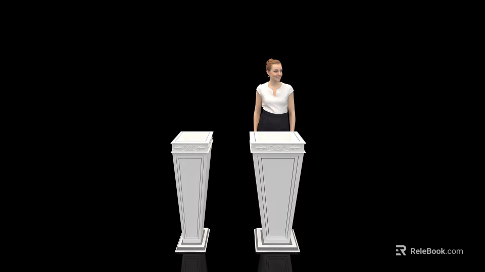 Two White Functional Pedestal Desks With Woman Standing Beside Them 3d model 