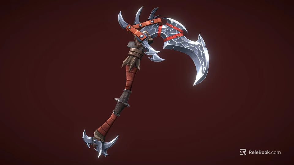 Battle Axe With Curved Metal Blade Red Wrapped Handle And Spiked Design 3d model 