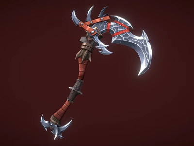 Battle Axe With Curved Metal Blade Red Wrapped Handle And Spiked Design 3d model