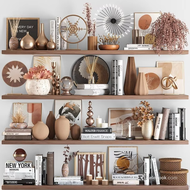 Stylish Decorative Ornament Collection on Wooden Shelves with Vases Sculptures Books Dried Plants and Frames 3d model 