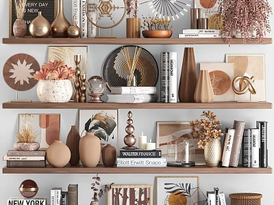 Stylish Decorative Ornament Collection on Wooden Shelves with Vases Sculptures Books Dried Plants and Frames 3d model