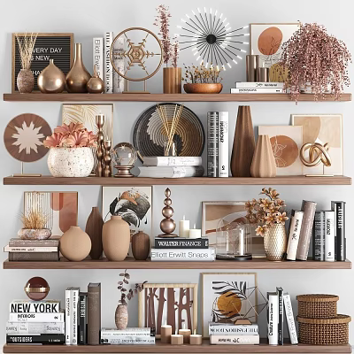 Stylish Decorative Ornament Collection on Wooden Shelves with Vases Sculptures Books Dried Plants and Frames 3d model