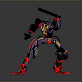 Mecha Robot Character In Battle Stance With Black Red Yellow Armor And Sword