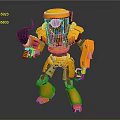 Yellow Robot with Transparent Helmet Holding Black Tool and Colorful Interior