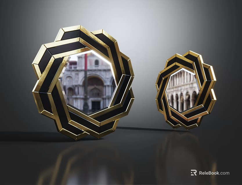 Polygonal Mirrors With Golden Frame And Black Stripes Reflecting Classical Architecture 3d model 