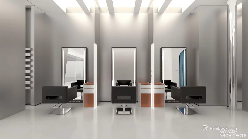 Modern Hair Salon Interior Design With Three Mirrors Black Styling Chairs And Workstations 3d model 