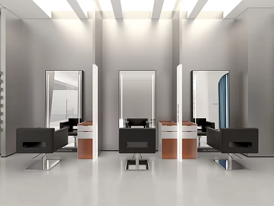 Modern Hair Salon Interior Design With Three Mirrors Black Styling Chairs And Workstations 3d model
