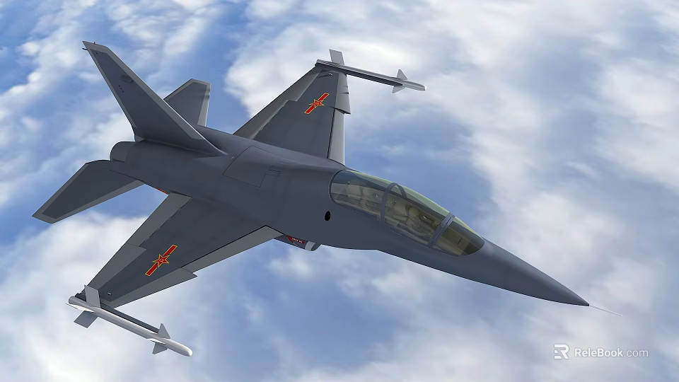 Fighter Jet Flying Over Blue Sky With White Clouds Red Emblems On Wings Carrying Missiles 3d model 