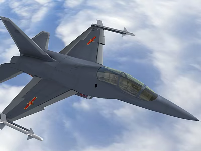 Fighter Jet Flying Over Blue Sky With White Clouds Red Emblems On Wings Carrying Missiles 3d model