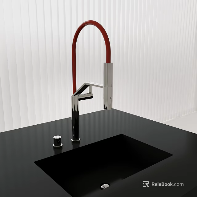 Modern Kitchen Faucet With Red Curved Spout And Chrome Base On Black Countertop With Sink 3d model 
