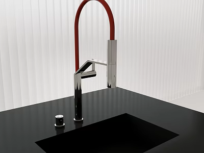 Modern Kitchen Faucet With Red Curved Spout And Chrome Base On Black Countertop With Sink 3d model