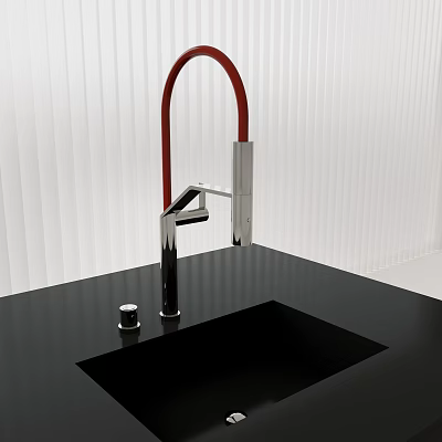 Modern Kitchen Faucet With Red Curved Spout And Chrome Base On Black Countertop With Sink 3d model
