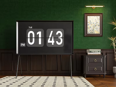 TV With Digital Display In Room With Green Wall And Wood Panels 3d model