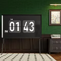 TV With Digital Display In Room With Green Wall And Wood Panels