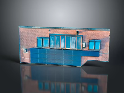 Red Brick Building Exterior With Blue Garage Door And Multiple Glass Windows 3d model