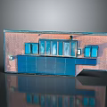 Red Brick Building Exterior With Blue Garage Door And Multiple Glass Windows