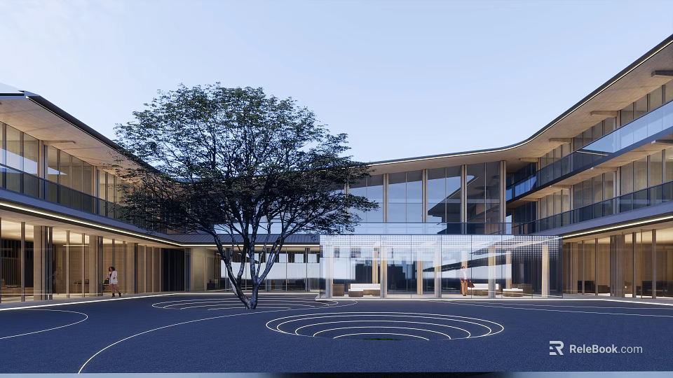 Modern Office Building Architecture With Glass Facade Courtyard And Landscaped Trees 3d model 