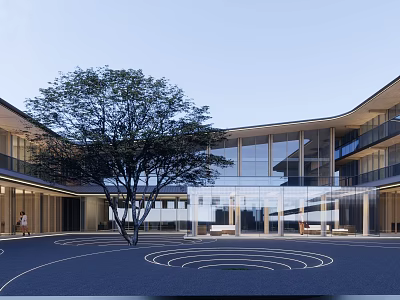 Modern Office Building Architecture With Glass Facade Courtyard And Landscaped Trees 3d model