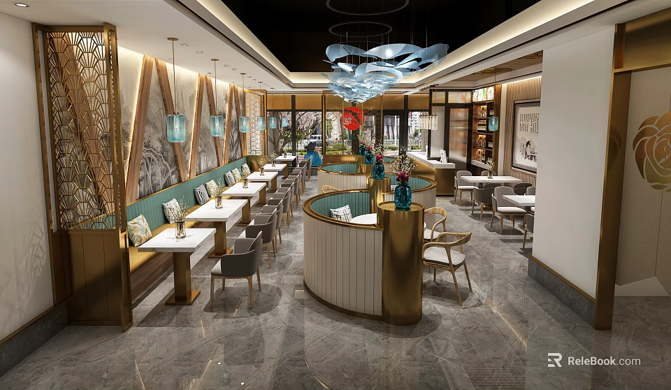 Modern Chinese Restaurant Interior With Curved Golden Counter Green Seats And Chandeliers 3d model 