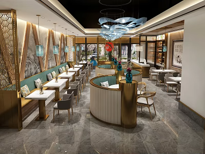 Modern Chinese Restaurant Interior With Curved Golden Counter Green Seats And Chandeliers 3d model