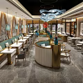 Modern Chinese Restaurant Interior With Curved Golden Counter Green Seats And Chandeliers