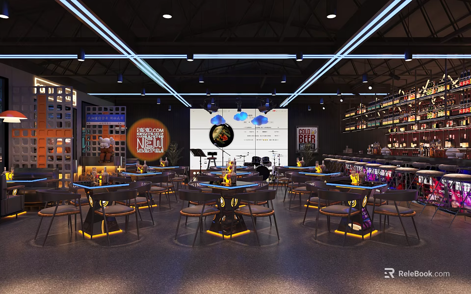 Modern Restaurant Interior Design With Round Tables Bar Counter Neon Lights And Wine Racks 3d model 