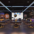 Modern Restaurant Interior Design With Round Tables Bar Counter Neon Lights And Wine Racks